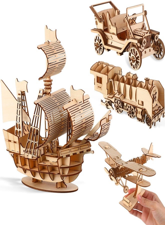 Yilloog 4 Pcs DIY 3D Wooden Puzzle Set Collectibles Wooden Model Kits for Adults Desk Display Educational Brain Teaser Puzzles Gift for Birthday(Vehicle) - Image 1